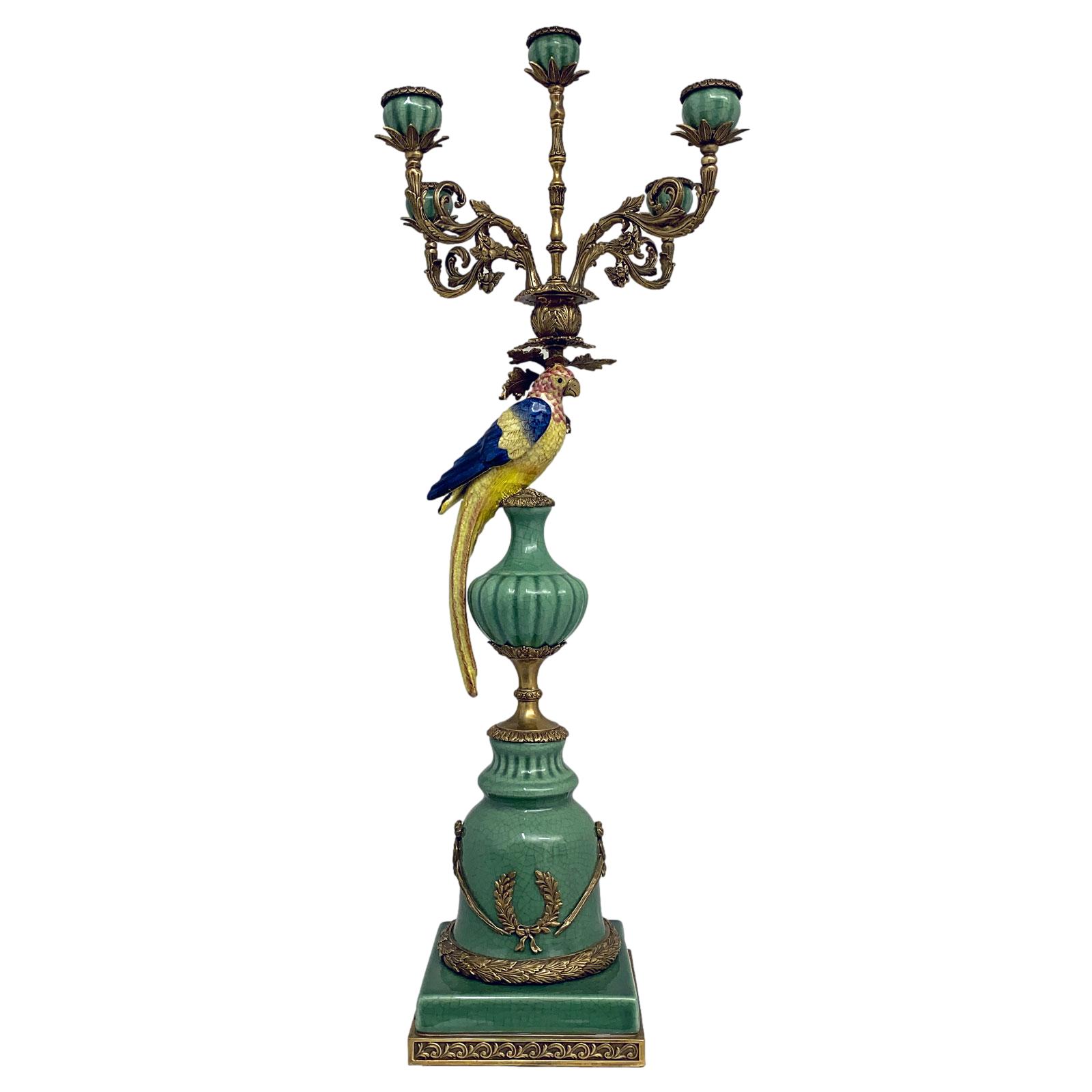 CC-52-1 Paar Kerzenständer Porzellan Messing Vogel Papagei Skulptur Antik-Stil 84cm