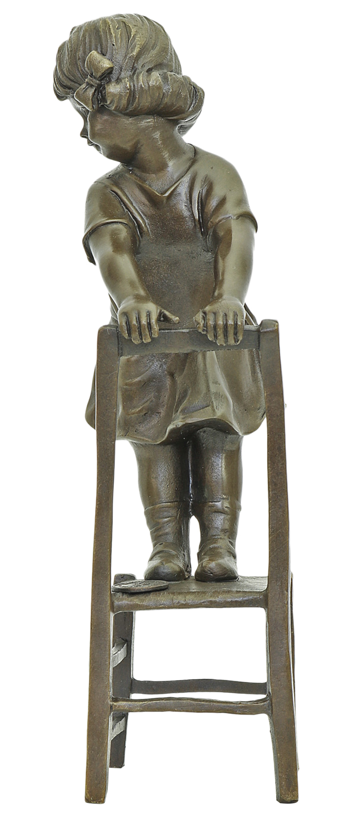 SL-83_Seite_1 Bronzeskulptur Mädchen Stuhl Kind im Antik-Stil Bronze Figur Statue - 21cm
