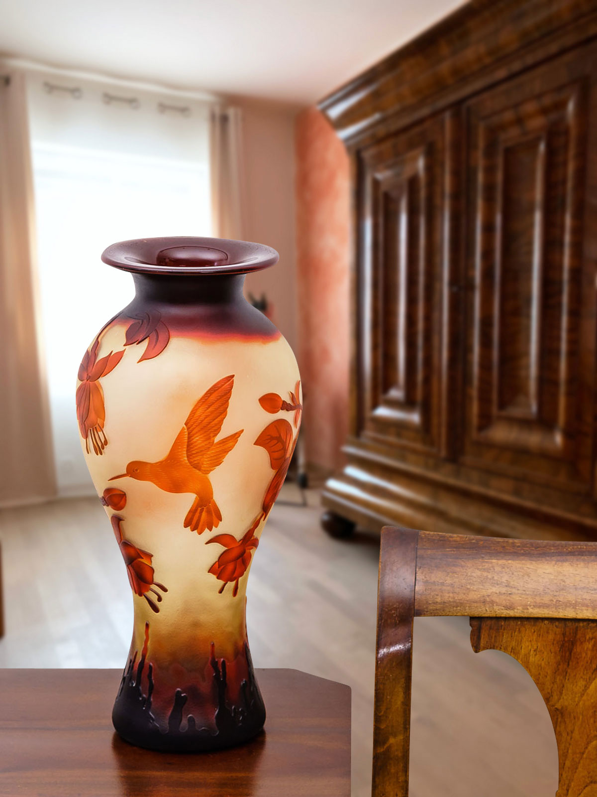 Vase Replika nach Galle Gallé Kolibri Glas Antik-Jugendstil-Stil Kopie c5