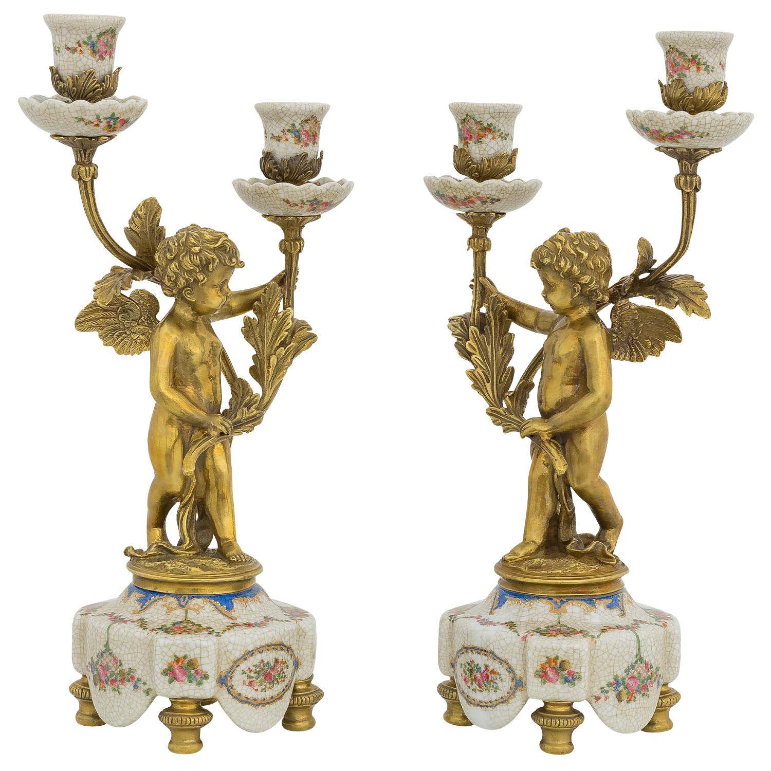 PT-198-6 Set 2-teilig Kerzenständer Porzellan Messing Engel Skulptur Antik-Stil 39cm