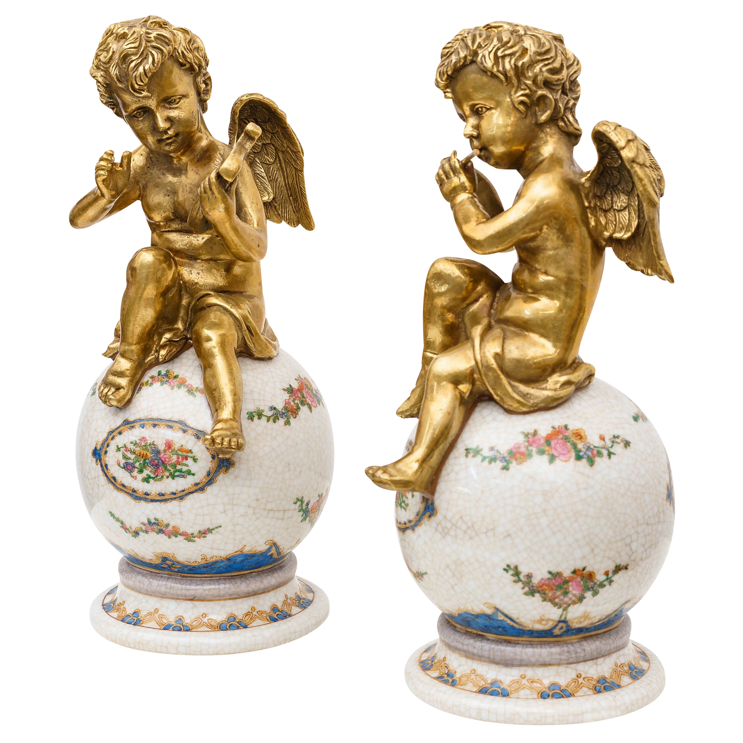 PT-199-02 Engel Paar Skulptur Kugel Porzellan Messing Antik-Stil 25cm