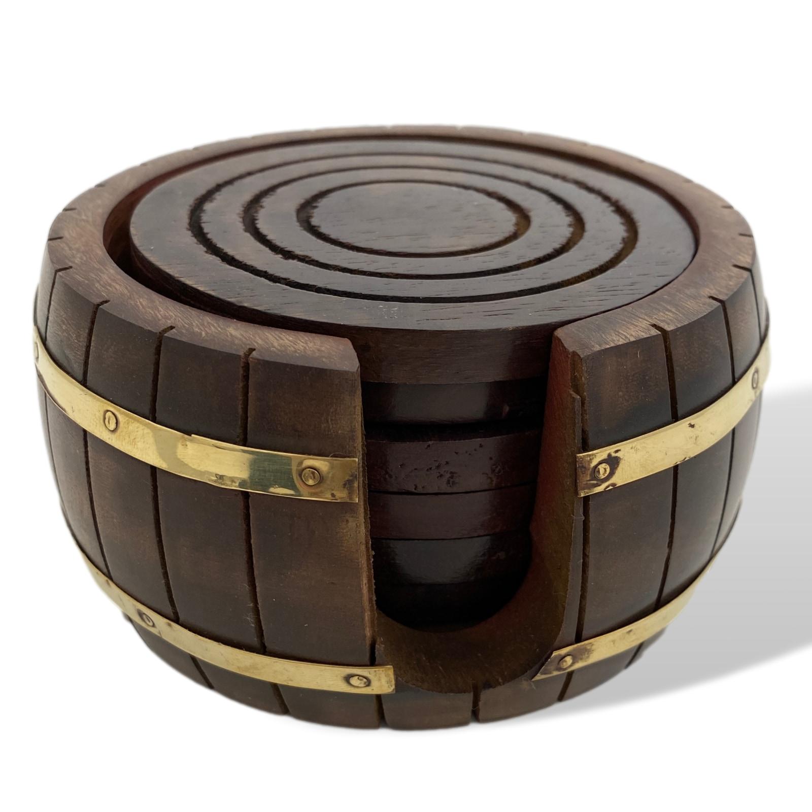 aubaho-47175-6 6x Untersetzer in Box Holz Messing Fass Weinfass Holzuntersetzer Antik-Stil