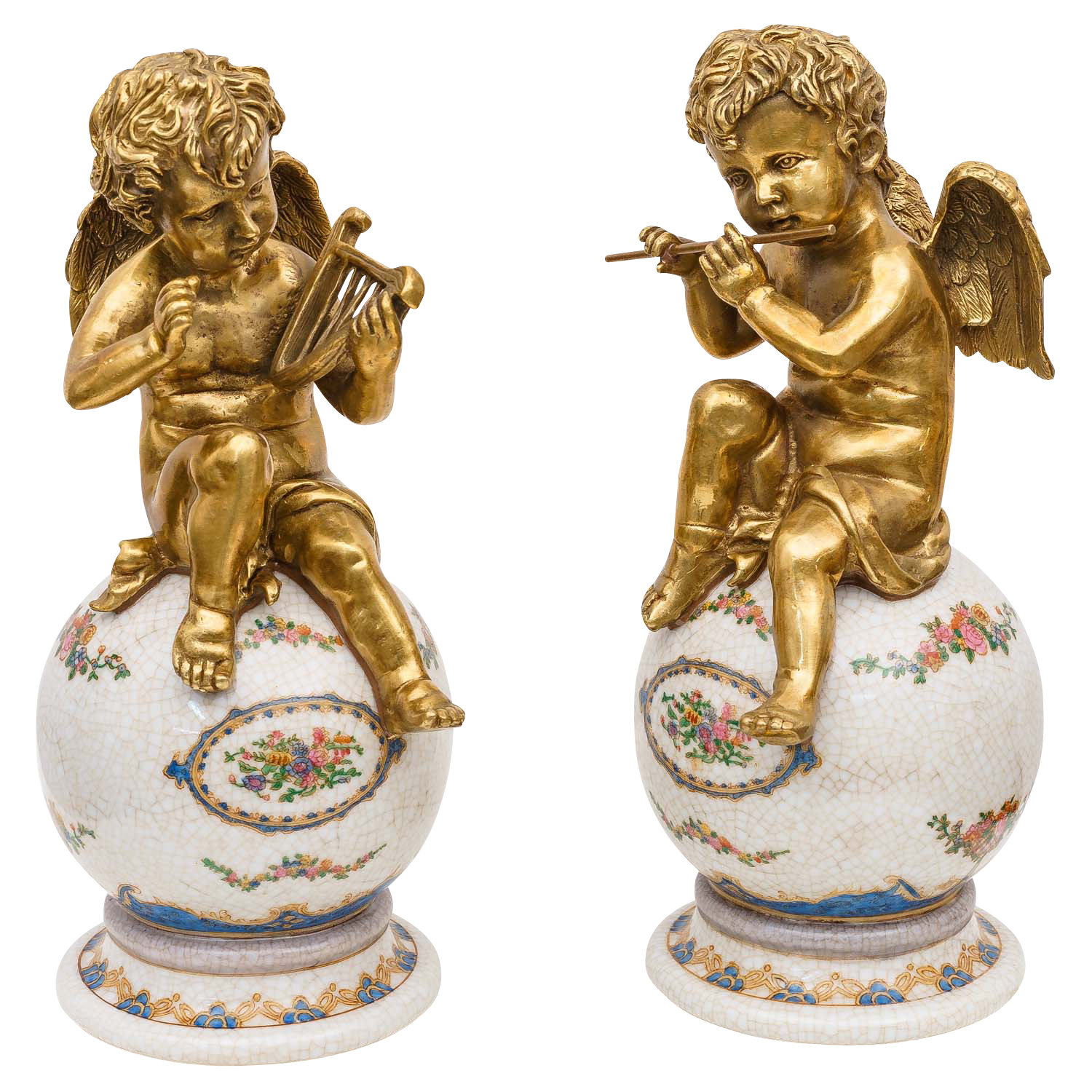 PT-199-01 Engel Paar Skulptur Kugel Porzellan Messing Antik-Stil 25cm