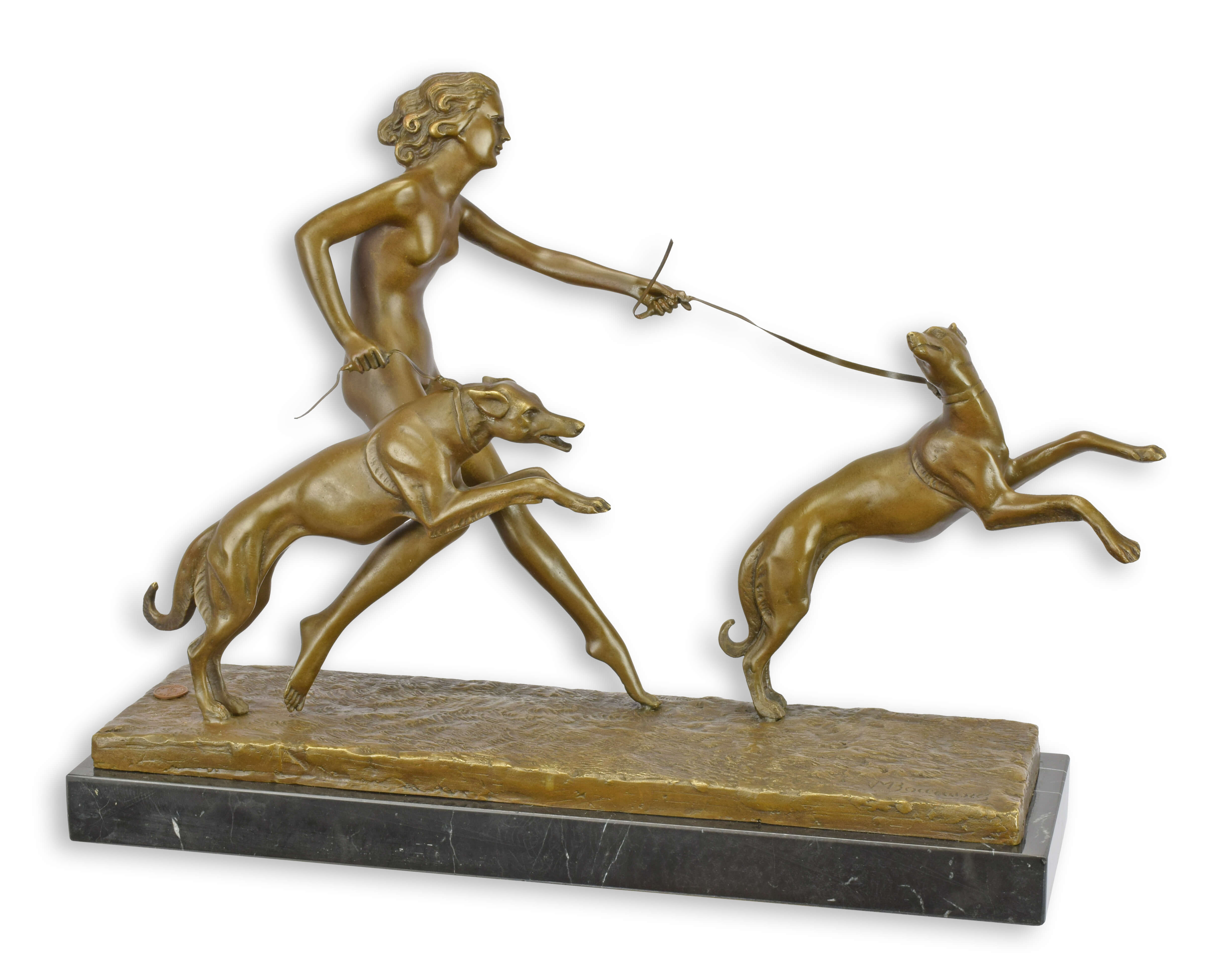 Bronze sculpture woman with dogs after Bouraine replica retro design decoration