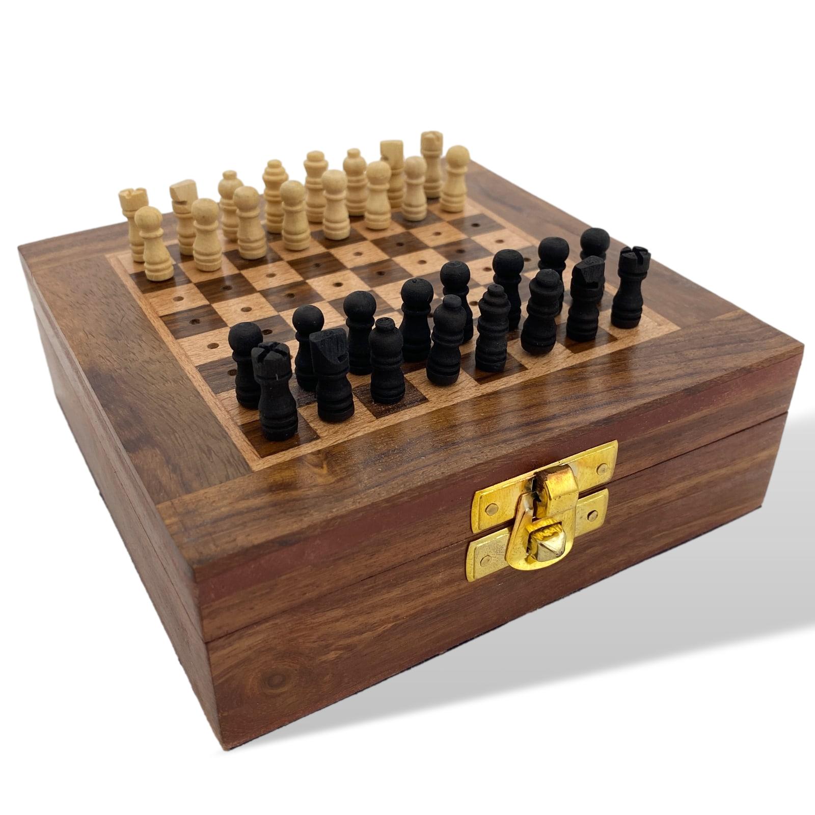 aubaho-46596-4 Schachspiel Reiseschach Mini-Schach Holz Schach Steckfiguren Chess Antik-Stil