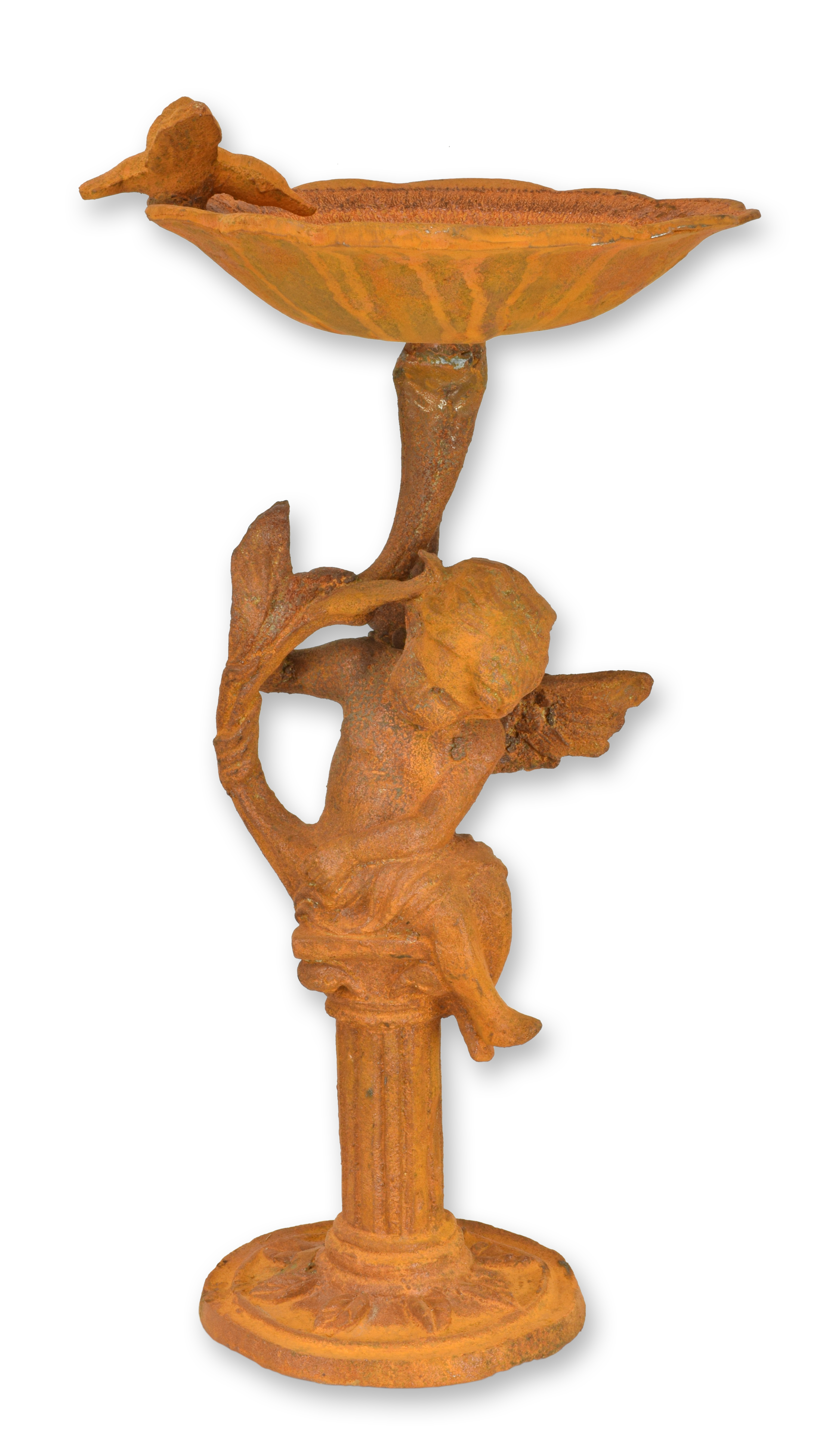 A rusty cast iron putto bird bath on stand replica retro design decoration