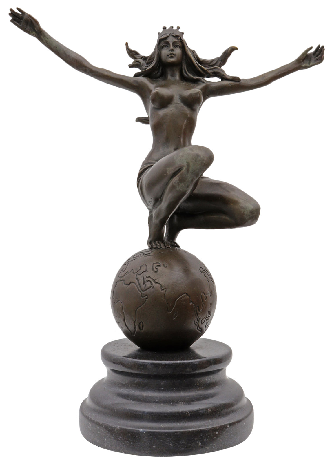 FA-30_1 Bronzeskulptur Frau Weltkugel im Antik-Stil Bronze Figur Statue 25cm