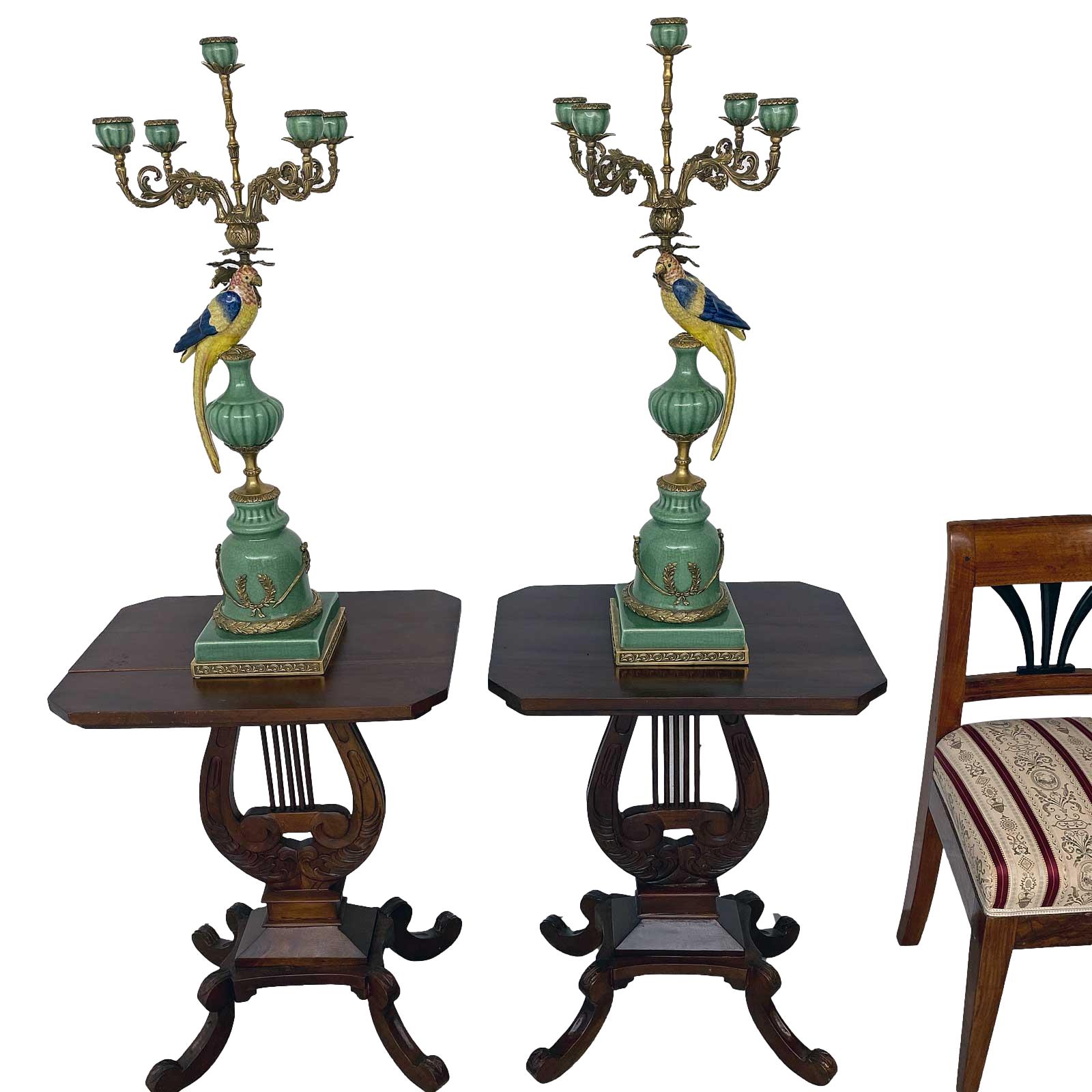 1xCC-52-1xCC-53-3 Paar Kerzenständer Porzellan Messing Vogel Papagei Skulptur Antik-Stil 84cm