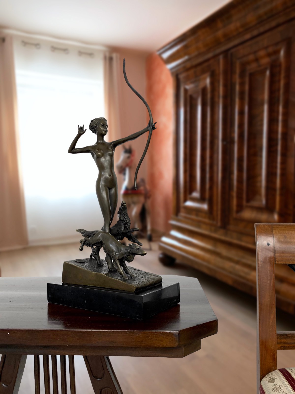 XT-92-13 Bronzeskulptur Figur Göttin Diana Hund nach Lorenzl Antik-Stil Replik Kopie (a)